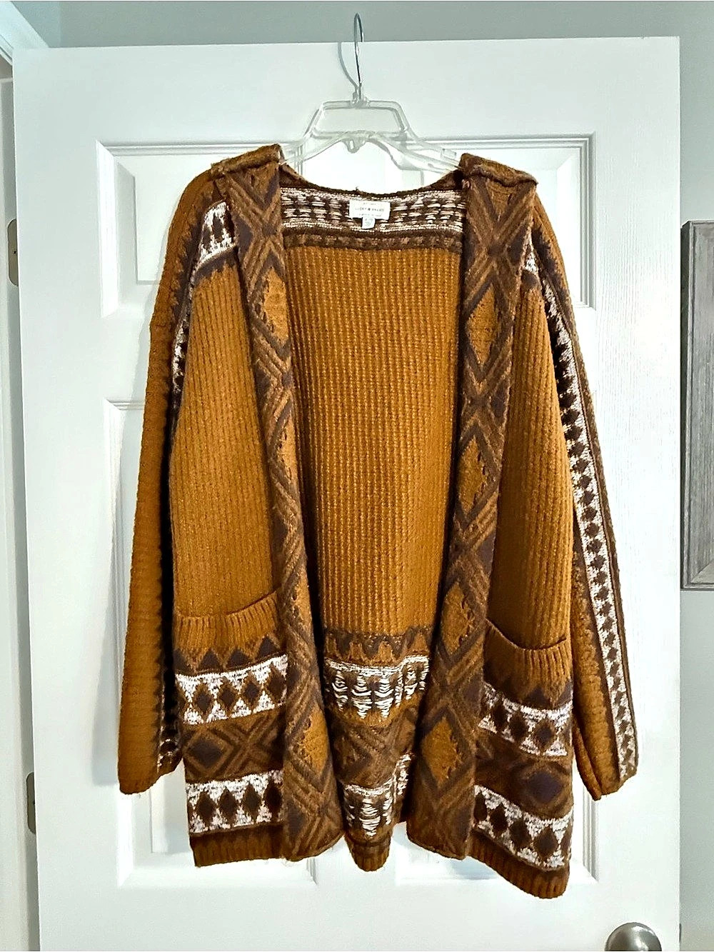 Lucky Brand Hooded Fair Isle Cardigan Sweater Brown XL